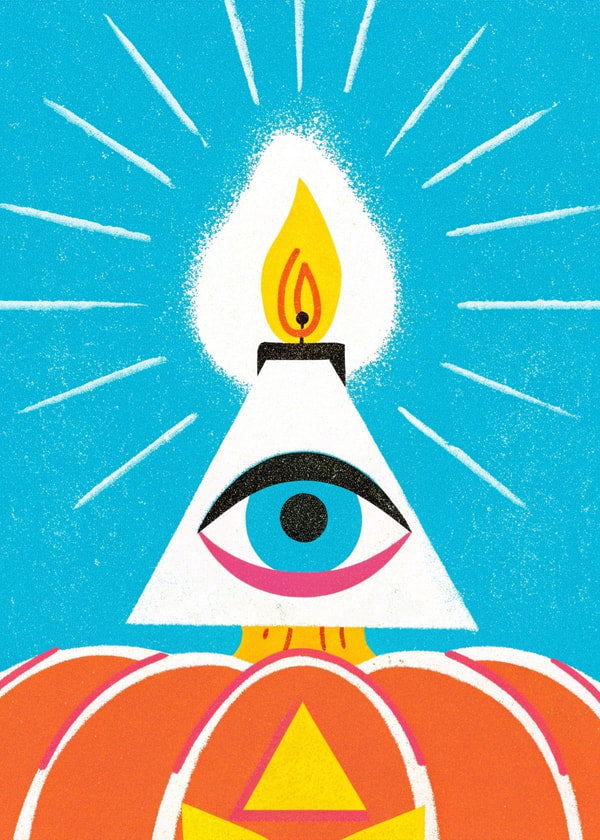 A Poster A Stylized Depiction Of An Illuminated Eye Within A Triangle With A Lit Candle And A Jack O Lantern Above It — Stock Illustration