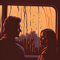 A Couple Sitting In A Train Compartment During A Rainstorm Looking Out Of The Window — Stock Illustration
