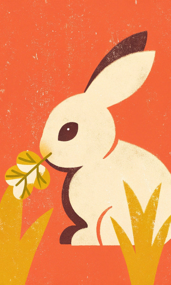 A Stylized Illustration Of A Rabbit Holding A Flower In Its Mouth Set Against A Red Background With Wheat And Grass Elements — Stock Illustration