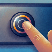 An Interactive Digital Interface With A Finger Pressing A Button On A Touch Screen — Stock Illustration