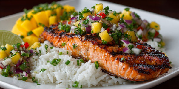 Grilled Salmon Served With White Rice And A Side Of Mixed Vegetables Including Pineapple And Lime Wedges — Stock Photo