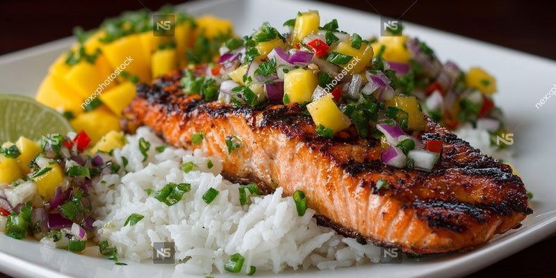 Grilled Salmon Served With White Rice And A Side Of Mixed Vegetables Including Pineapple And Lime Wedges — Stock Photo