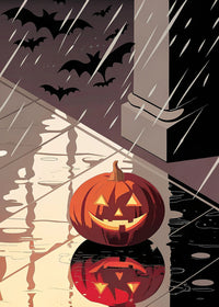 A Halloween Pumpkin Sits On A Porch During A Rainy Night With Bats Flying Overhead And A Reflection Of Its Carved Face — Stock Illustration
