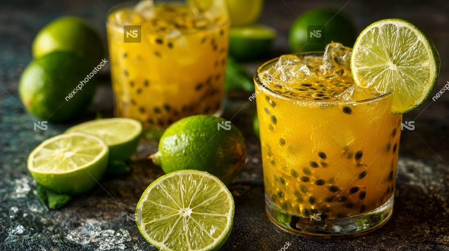 Three Sliced Limes On A Table With Two Glasses Of Cocktails Containing Kiwi Fruit And Garnished With Lime Wedges — Stock Photo