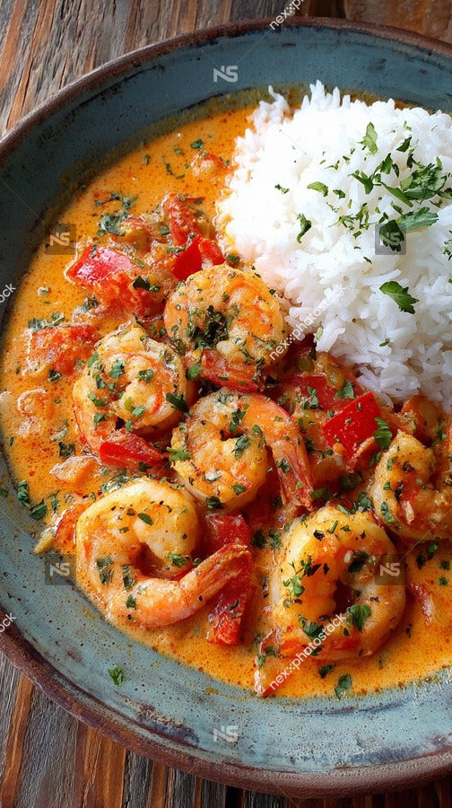 A Bowl Of Shrimp Curry With Rice Garnished With Herbs And Served On A Wooden Table 2 — Stock Photo