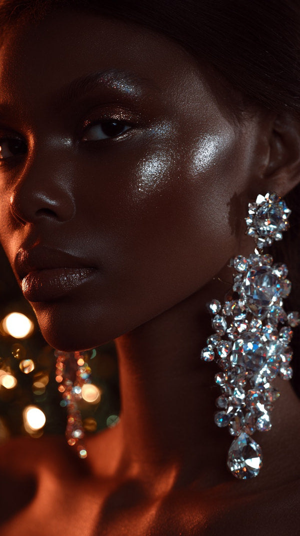 A Portrait Of A Woman With Dark Skin Wearing Large Silver Earrings And Makeup That Includes Shimmering Highlighter On Her Face — Stock Photo