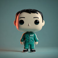 Pop Culture Vinyl Figurine Of A Man In A Green Jumpsuit And Cap Standing Against A Blue Background — Stock Photo