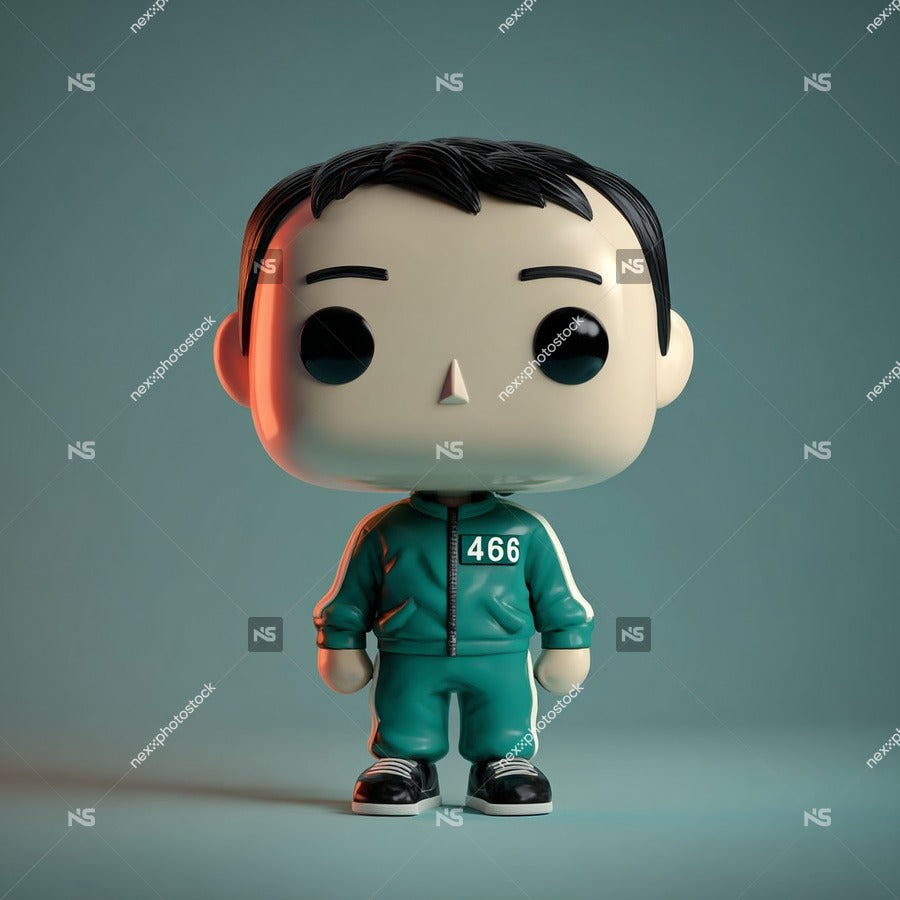 Pop Culture Vinyl Figurine Of A Man In A Green Jumpsuit And Cap Standing Against A Blue Background — Stock Photo