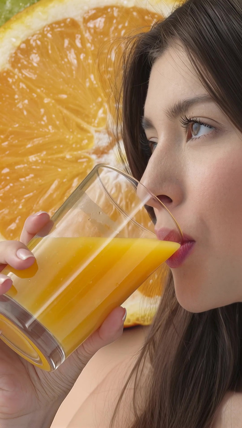 a woman drinking a glass of orange juice - Stock Video