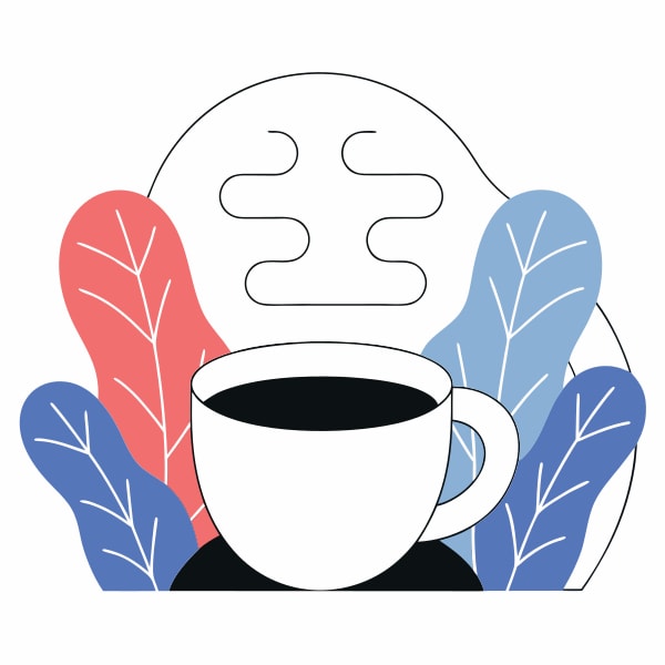 A Stylized Illustration Of A Coffee Cup Surrounded By Leaves Set Against A Colorful Background — Stock Vector