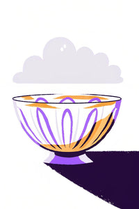 A Purple Bowl With An Orange Design Is Prominently Displayed In The Center Of The Image — Stock Illustration