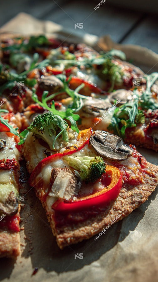 A Slice Of Gourmet Pizza Topped With A Variety Of Vegetables Including Mushrooms And Peppers On A Wooden Table — Stock Photo