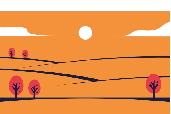 Sunset Silhouette Of A Field With Trees And A Sun Setting In The Distance — Stock Vector