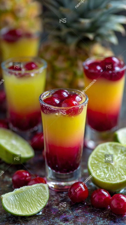 Colorful Cocktails In Glasses Garnished With Fruit On A Table — Stock Photo