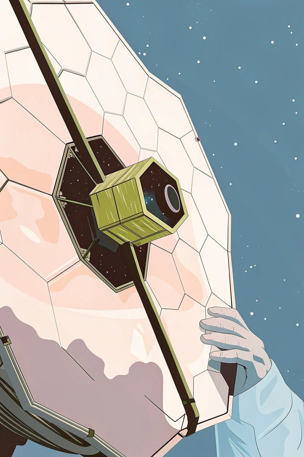 Illustration Of A Person Holding A Large Telescope Dome In Their Hands Against A Starry Sky Background — Stock Illustration