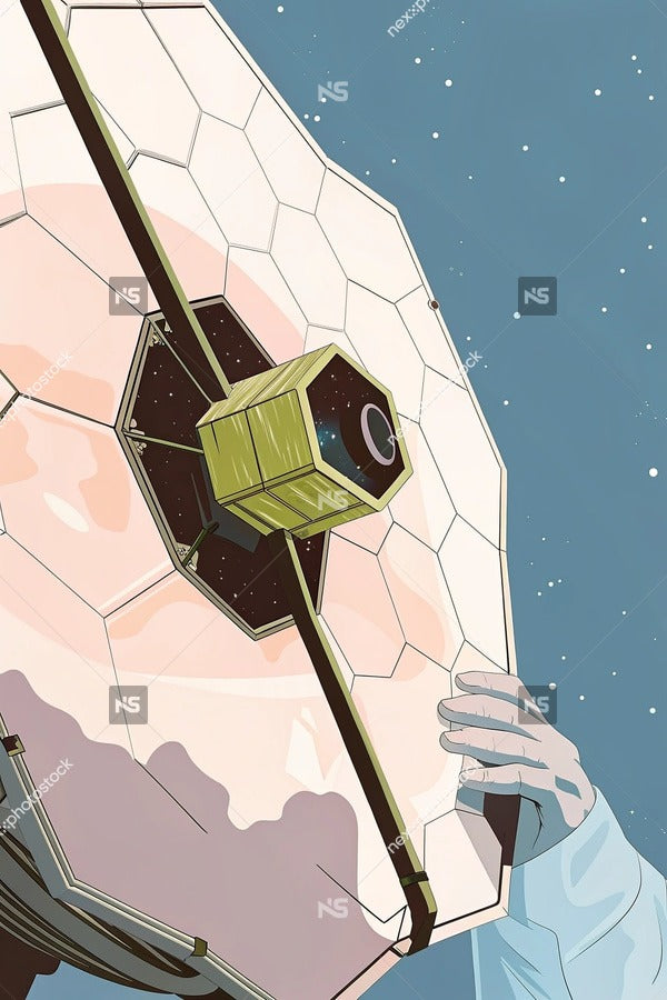 Illustration Of A Person Holding A Large Telescope Dome In Their Hands Against A Starry Sky Background — Stock Illustration