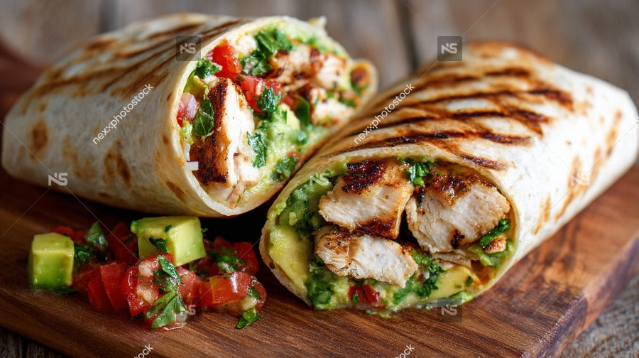 A Close Up Image Of Two Chicken Burritos With Salsa Placed On A Wooden Cutting Board — Stock Photo