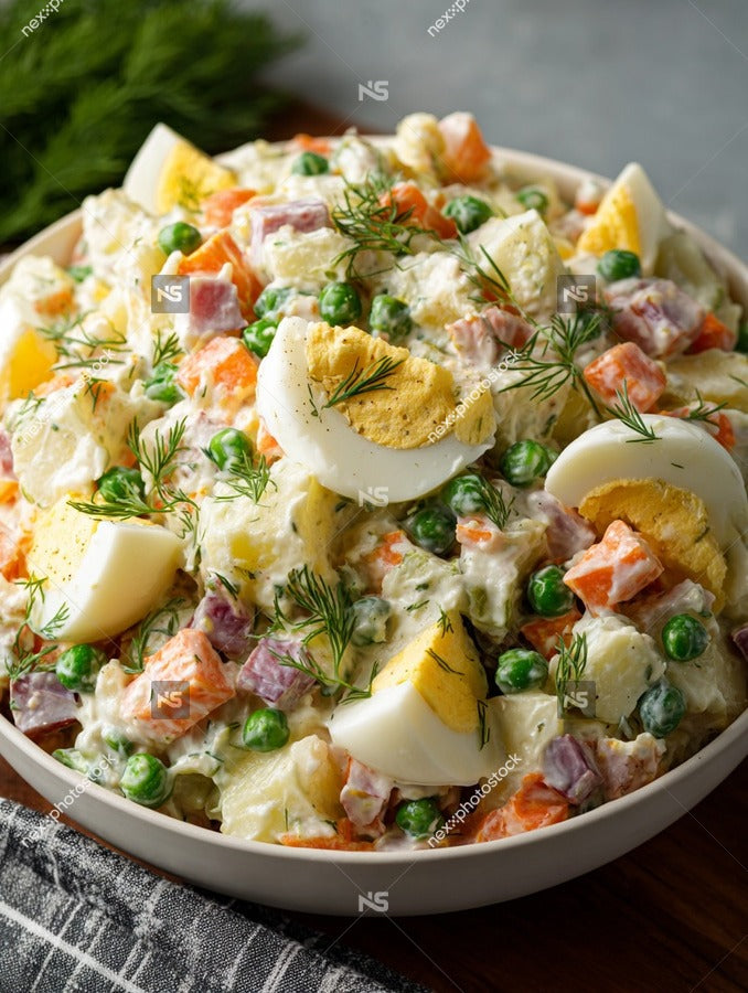 A Bowl Of Creamy Potato Salad Garnished With Carrots And Eggs Served On A Dining Table — Stock Photo