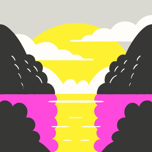 Illustration Of A Tranquil Sunset Scene A Picturesque Landscape With A River Mountains And A Sky Transitioning From Yellow To Orange Hues — Stock Vector