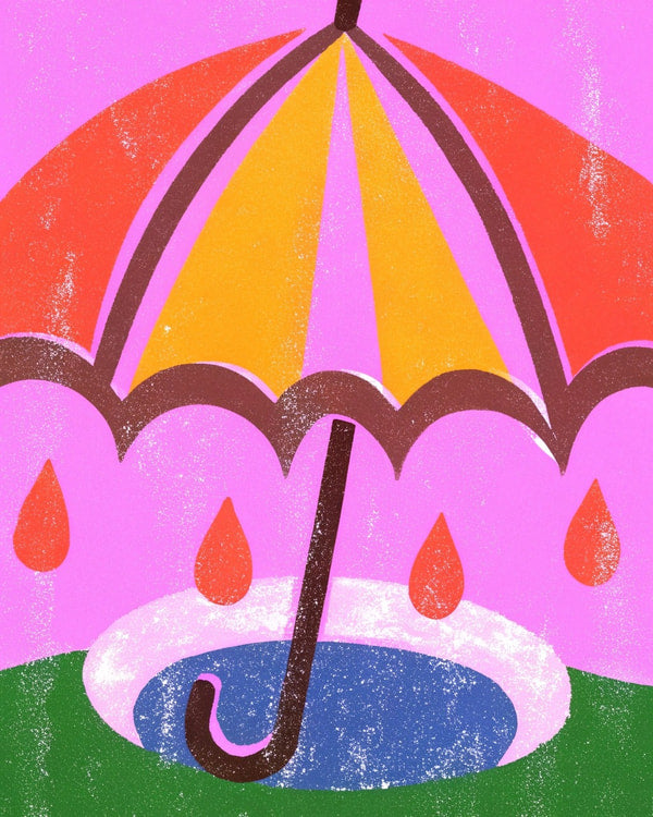 An Illustration Of An Umbrella With Raindrops Falling From It Set Against A Backdrop Of A Pink Sky And A Green Field — Stock Illustration