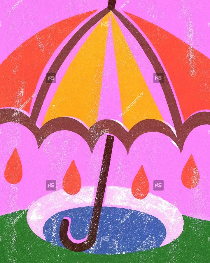 An Illustration Of An Umbrella With Raindrops Falling From It Set Against A Backdrop Of A Pink Sky And A Green Field — Stock Illustration
