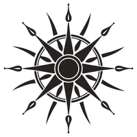 Black And White Compass Design A Central Compass Rose Surrounded By Stylized Sunburst Patterns And Droplets Set Against A Plain Background — Stock Vector