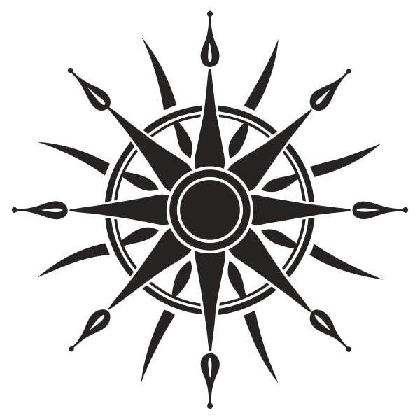 Black And White Compass Design A Central Compass Rose Surrounded By Stylized Sunburst Patterns And Droplets Set Against A Plain Background — Stock Vector