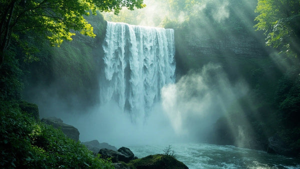 A Waterfall Cascading Through A Forest With Mist Rising From The Base And Sunlight Filtering Through The Trees — Stock Photo