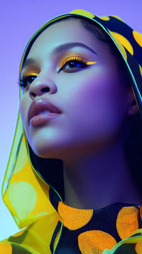 A Woman Wearing A Colorful Outfit With A Yellow Headpiece And Makeup Including Gold Eyeshadow Is Captured In A Portrait Style Image — Stock Photo