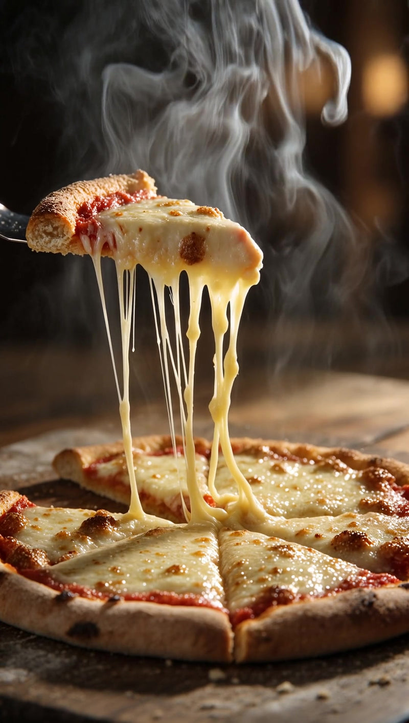 a slice of cheese pizza being lifted from a wooden tray by a spatula with melted cheese stretching from it - Stock Video