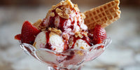 A Scoop Of Strawberry Ice Cream In A Bowl Topped With Whipped Cream And Nuts — Stock Photo
