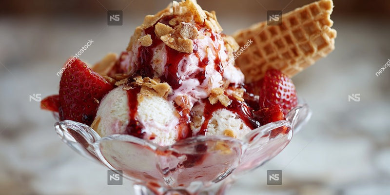 A Scoop Of Strawberry Ice Cream In A Bowl Topped With Whipped Cream And Nuts — Stock Photo