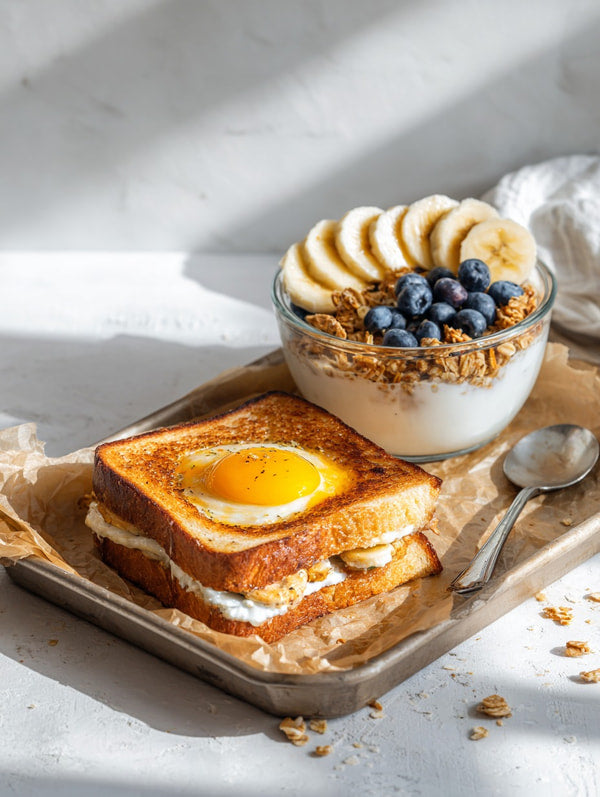 A Breakfast Toast With A Fried Egg Served Alongside A Bowl Of Yogurt And Granola On A Wooden Tray — Stock Photo