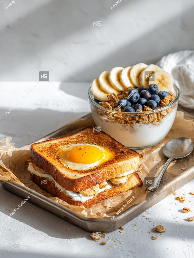 A Breakfast Toast With A Fried Egg Served Alongside A Bowl Of Yogurt And Granola On A Wooden Tray — Stock Photo