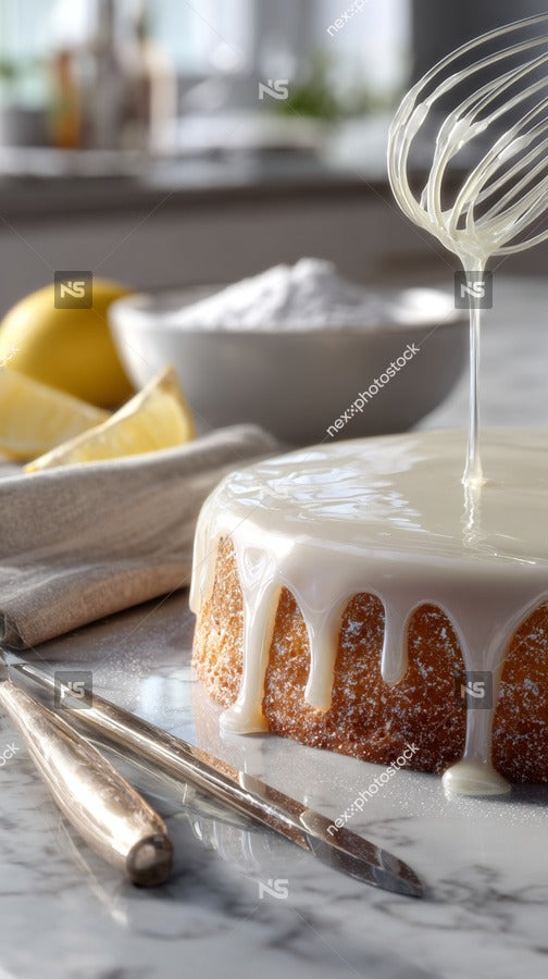 A Cake With Icing Drizzled Over It Placed On A Marble Countertop With A Whisk In The Background And Various Ingredients Nearby — Stock Photo
