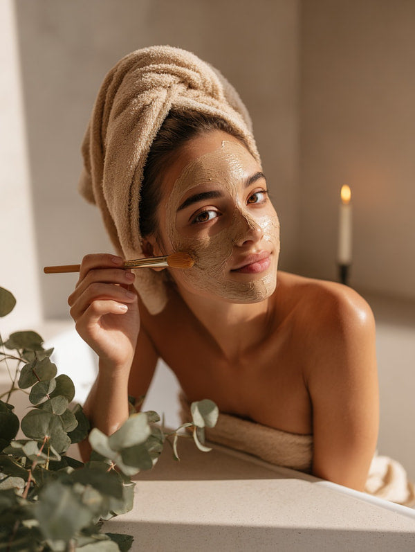 A Woman Wearing A Face Mask Sits In A Bathtub Holding A Makeup Brush In Her Hand — Stock Photo