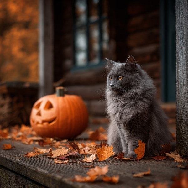 Grey Cat Sitting On Wooden Porch During Autumn Surrounded By Fallen Leaves And A Pumpkin — Stock Photo