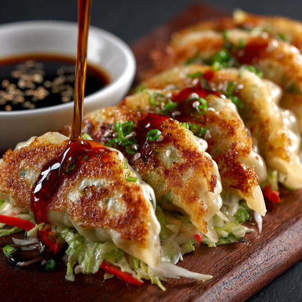 Fried Dumplings Served With A Dipping Sauce Garnished With Green Onions And Sesame Seeds Presented On A Wooden Board — Stock Photo