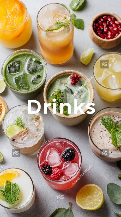 A Collection Of Assorted Beverages Including Smoothies And Cocktails Arranged On A Table With A Focus On Fresh Ingredients And Garnishes — Stock Photo