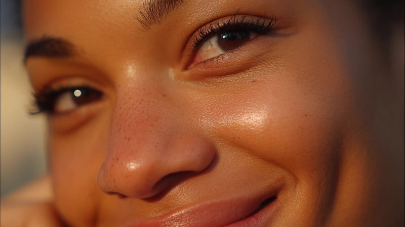 a woman with radiant skin is captured in a sunny setting smiling and looking directly into the camera - Stock Video