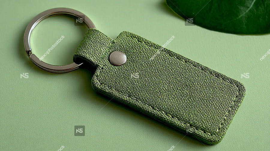 A Green Keychain With A Metal Clasp Placed Against A Light Green Background — Stock Photo