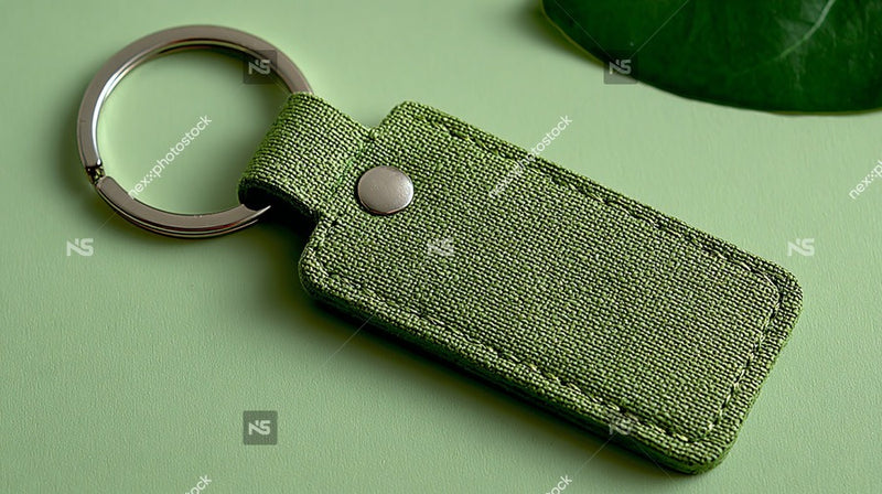 A Green Keychain With A Metal Clasp Placed Against A Light Green Background — Stock Photo