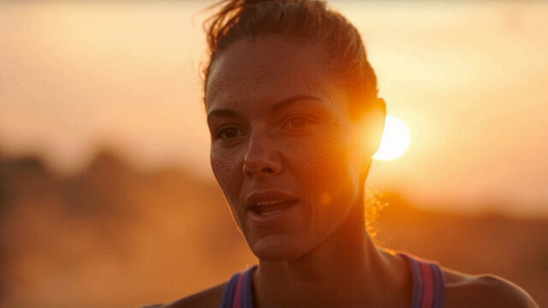 A Woman Stands In Silhouette Against A Sunset With Her Back To The Camera And Her Head Turned Towards It — Stock Photo
