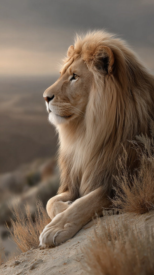 Majestic Lion Perched On Rocky Outcropping Surveying Vast Desert Landscape — Stock Photo