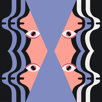 Abstract Art Illustration With A Symmetrical Pattern Of Human Faces And Eyes Set Against A Dark Background With A Light Blue Border — Stock Vector