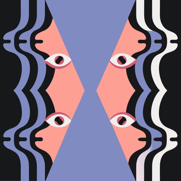 Abstract Art Illustration With A Symmetrical Pattern Of Human Faces And Eyes Set Against A Dark Background With A Light Blue Border — Stock Vector