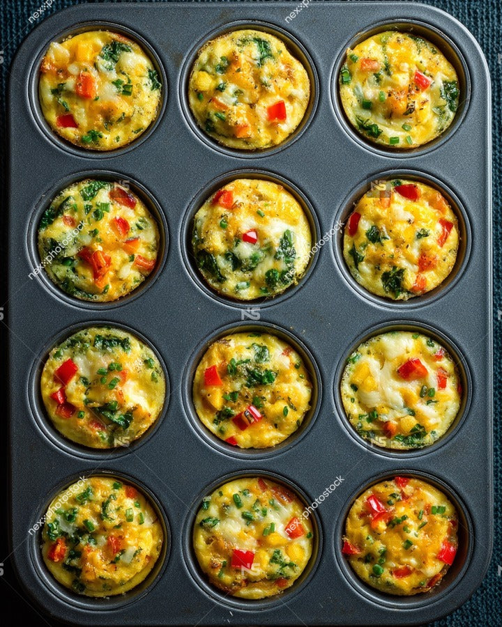 12 Count Muffin Tray Filled With Egg Muffins Each Topped With Spinach And Red Peppers — Stock Photo