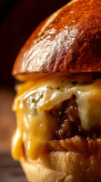 A Cheesy Burger With Melted Cheese And A Bun Placed On A Wooden Table — Stock Photo