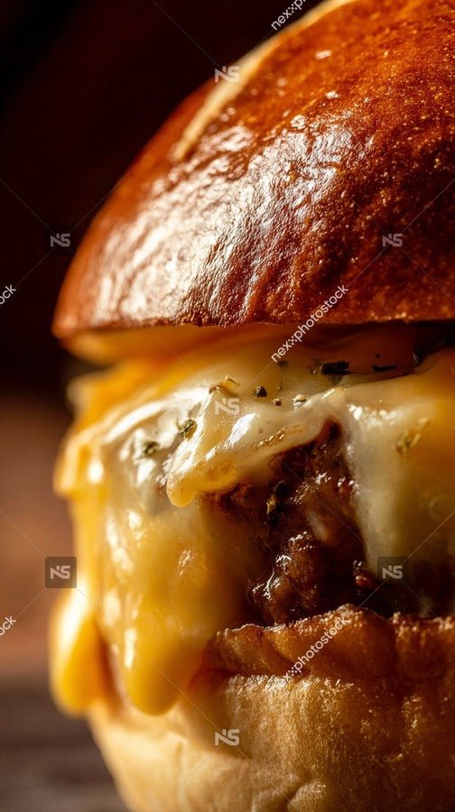 A Cheesy Burger With Melted Cheese And A Bun Placed On A Wooden Table — Stock Photo