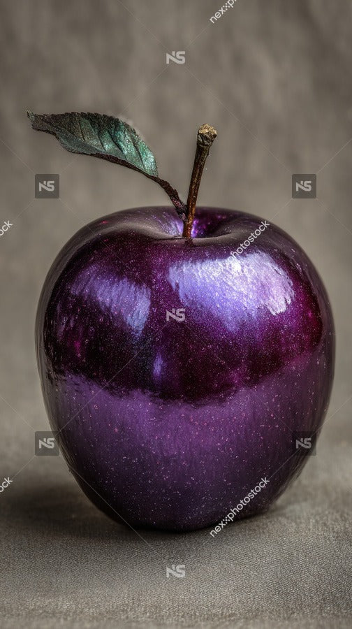 A Glossy Purple Apple With A Single Leaf Attached To Its Stem Set Against A Gray Background — Stock Photo